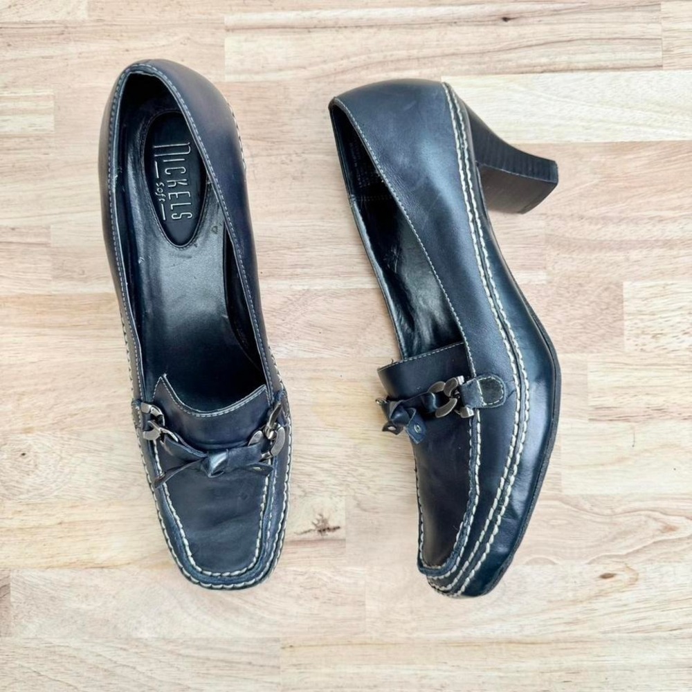 Navy Blue Loafer Chunky Silver Chain Bow Size 9